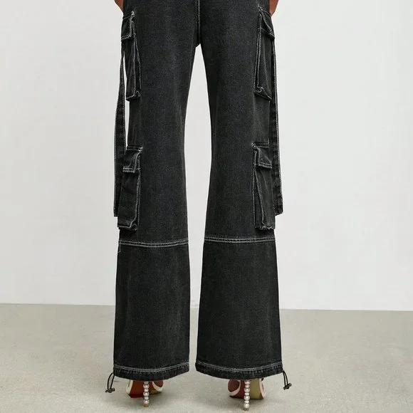 Black Casual Womens Flap Pocket Belted Cargo Jeans - Picture 4 of 5